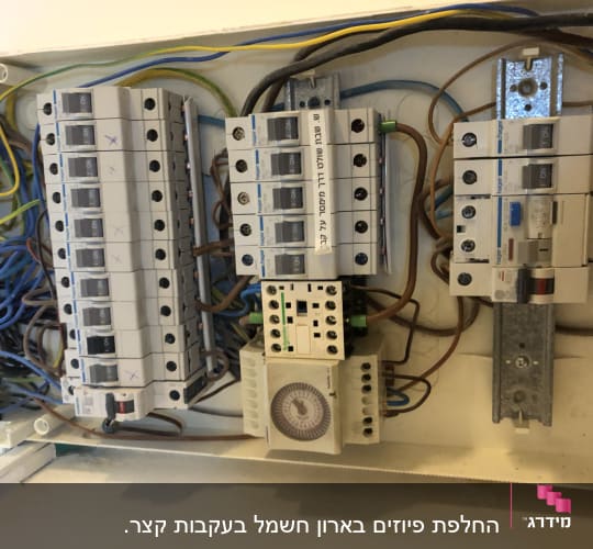לוח חשמל עם מפסקים וחוטי חשמל צבעוניים